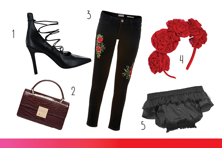 1. Туфли, Senso. 2. Сумка, GLAMOROUS. 3. Джинсы, Guess. 4. Ободок, Vjera Vilicnik. 5. Топ, Pinko. | thegirl.ru