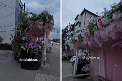 Самая красивая остановка Краснодара в цветах и розовой ткани