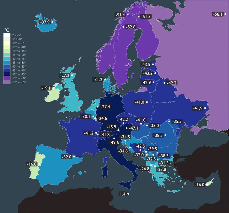 Ниже плинтуса: карта самых низких температур Европы