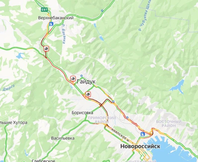 Пробка в районе Новороссийска | Источник: yandex.ru/maps