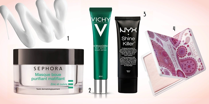 1. Очищающая матирующая маска Mud Mask Purifying & Mattifying, SEPHORA. 2. Ночной уход-детокс Normaderm Nuit Detox, Vichy. 3. Матирующий праймер Shine Killer, NYX. 4. Матирующие салфетки Blotting Papers, Divage.