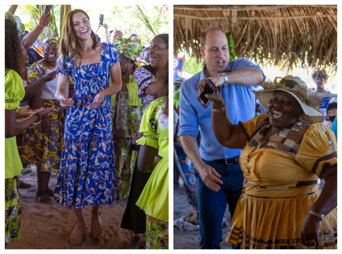 Герцогиня Кэтрин танцует с жителями деревни Хопкинс, принц Уильям кружится в танце с Лаурой Качо, Белиз, 20 марта 2022 | marieclaire.ru