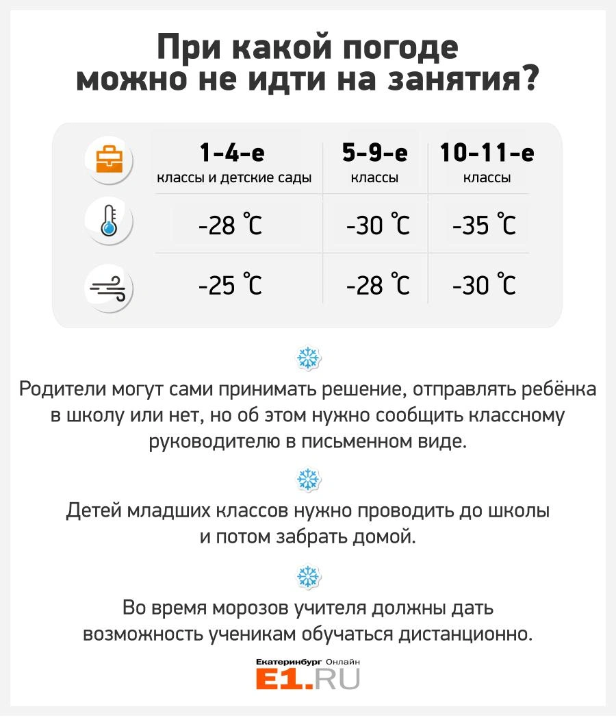 При каком морозе можно не ходить в школу в Екатеринбурге, при какой  температуре на улице отменяют занятия в школе - 12 января 2018 - Е1.ру