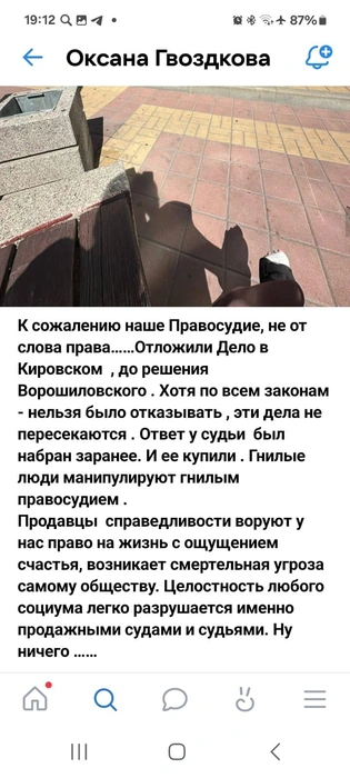 Пост Гвоздковой в социальных сетях  | Источник: читатель 161.RU