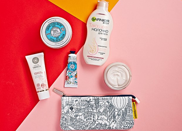 1. Крем для тела, L'Occitane. 2. Крем для рук, Natura Siberica. 3. Крем для рук, L'Occitane. 4. Молочко для тела, Garnier. 5. Бальзам для тела, Yves Rocher. 6. Косметичка, L'Occitane