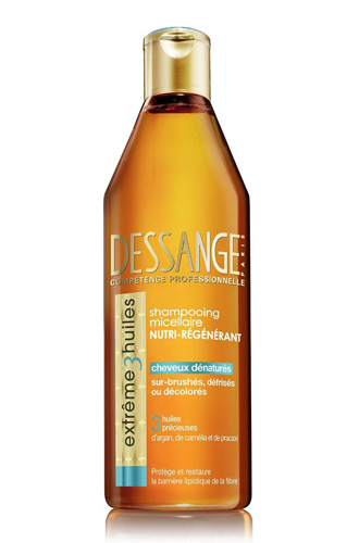 Мицеллярный шампунь, Dessange Paris. Масла арганы, камелии и дерева пракакси способствуют восстановлению волос после агрессивного внешнего воздействия.