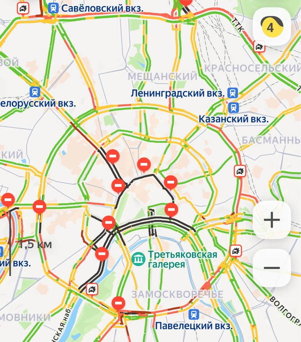 Пробки в Москве&nbsp;— 4 балла | Источник: Яндекс Карты