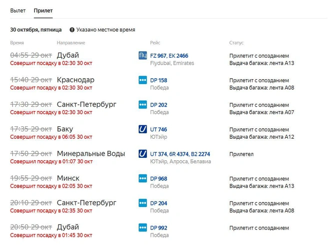 Пассажирам на прилет — тоже | Источник: «Яндекс. Расписания»