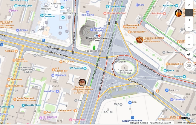 Перекресток Невского и Лиговского проспектов на площади Восстания — один из самых оживленных в Петербурге как по количеству автомобилей, так и по числу пешеходов | Источник: Яндекс.Карты