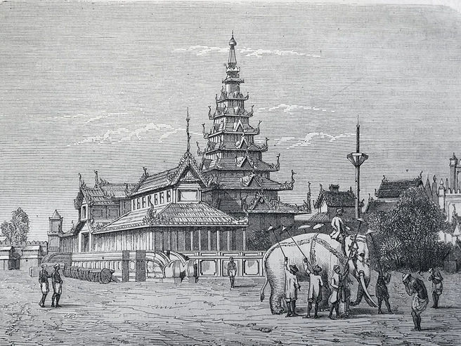 Иллюстрация из журнала 1865 года: Амерапурская пагода и белый слон. | Источник: архив журнала «Вокруг света»