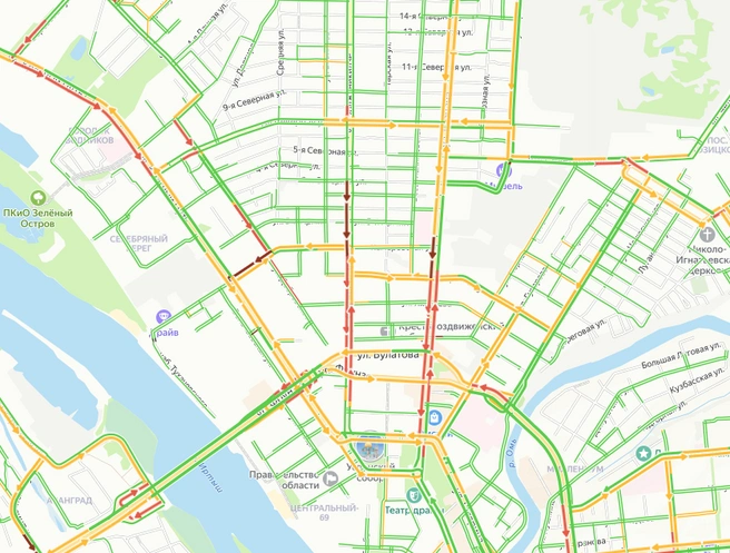 Красным горит несколько улиц | Источник: ngs55.ru/maps-traffic/