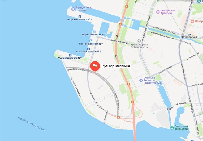 На намыве Васильевского острова благоустроят пространство вдоль проспекта Крузенштерна | Источник: «Яндекс.Карты»