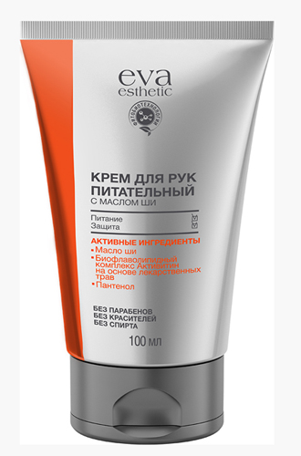Питательный крем для рук с маслом ши, Eva Esthetic. Биофлаволипидный комплекс активитин на основе экстракта зверобоя, ромашки, шалфея и календулы оказывает противовоспалительное действие.