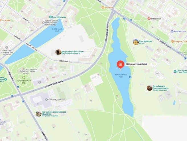 Местоположение Колонистского пруда в Пушкине | Источник: «Яндекс.Карты»