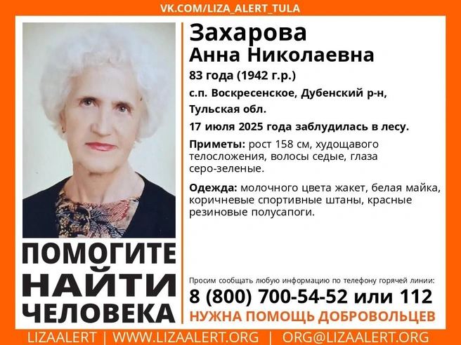 Ориентировка на пропавшую пенсионерку | Источник: Поисковый отряд «ЛизаАлерт» Тульской области