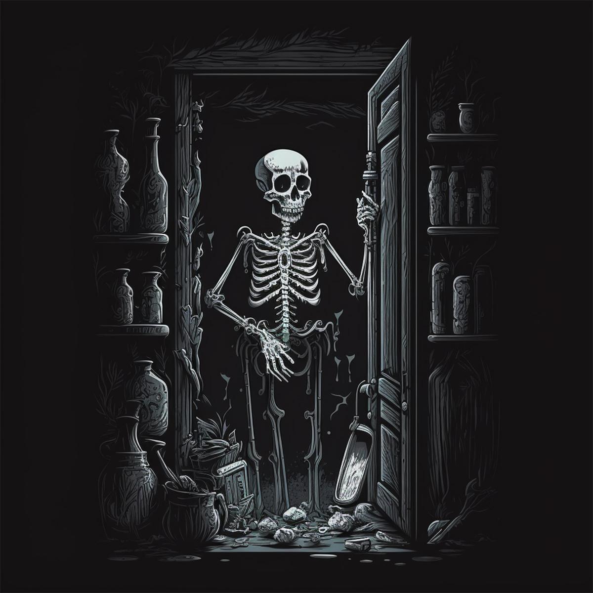 У каждого свои скелеты в шкафу. Одетый скелет. Скелет с книгой.