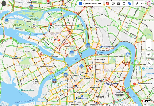 В центре и Петроградском районе некоторые улицы на карте окрасились бордовым | Источник: «Яндекс.Карты»