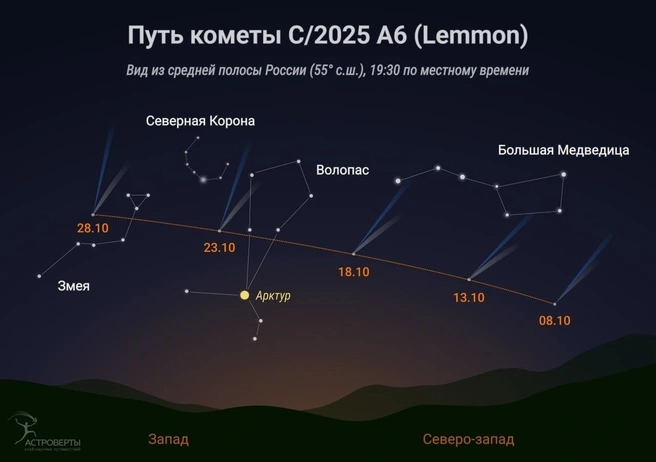 Где искать комету на звездном небе | Источник: Астрономия в Енисейске | АГО / vk.com