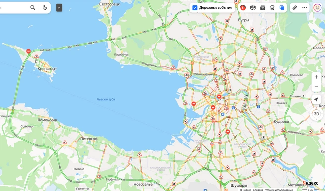 Пробки в Петербурге выросли до 8 баллов, а на отдельных улицах добрались до «десятки» | Источник: Яндекс Карты