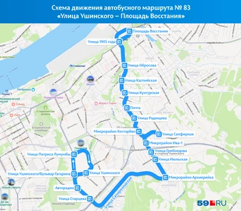 Микрорайоны Ива и Костарёво с площадью Восстания теперь связывает новый маршрут № 83 | Источник: «Яндекс Карты»; Кирилл Хафизов / 59.RU