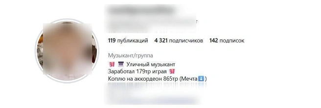 На странице ребенка говорится, что он уже заработал 179 тысяч рублей, играя на аккордеоне  | Источник: соцсети ребенка / Instagram (экстремистская организация, деятельность запрещена на территории РФ)