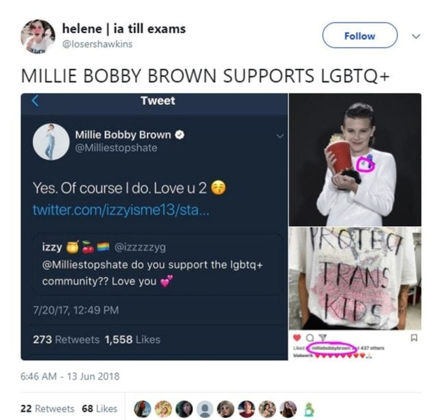 Милли Бобби Браун удалила свой твиттер из-за гомофобных мемов