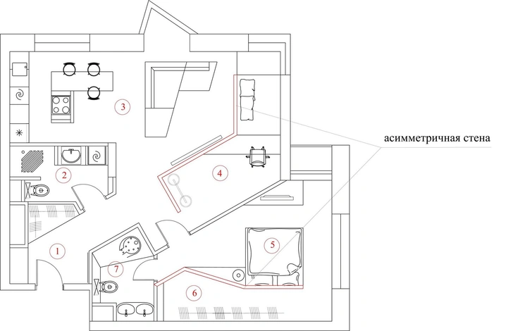 Ломаная линия: нестандартная планировка квартиры 72  м² (фото 5)