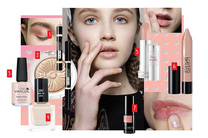 1. Карандаш-хайлайтер для век Duo Highliter Matt & Shine, Pupa. 2. Тени для век Lid Pop Eyeshadows, Cream Pop, Clinique. 3. Лак для ногтей Vinylux, Naked Naivete, CND. 4. Лак для ногтей Skin to Skin, № 280, ANNY. 5. Губная помада Rouge in Love, № 406, Lancôme. 6. Помада-карандаш Lovers Rouge, № 01, Eveline. 7. Помада-румяна Lip & Cheek Stain, Dusty Rose, The Body Shop.