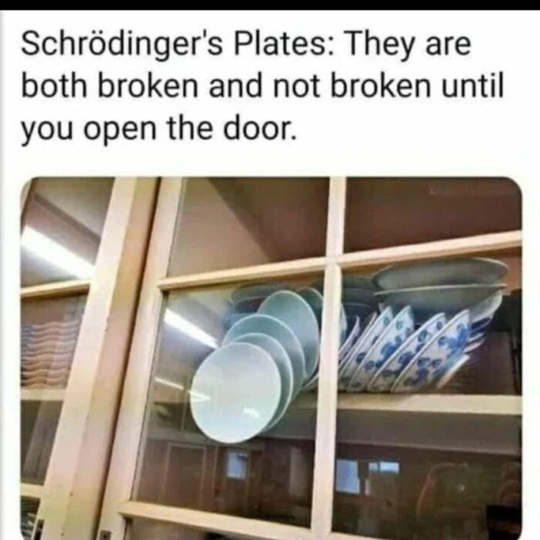 Тарелки Шрёдингера: они одновременно разбиты и целы, пока закрыта дверца шкафа | Источник: Basic Physics