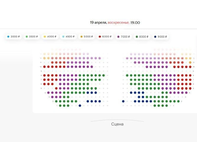 Как видим мест, которые светятся темно-синим и стоят 9000 рублей, осталось немного | Источник: Яндекс Афиша