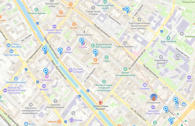 На Баумана также проще всего будет подключиться к Wi-fi в ресторанах и кафе | Источник: Яндекс Карты / digital.tatarstan.ru