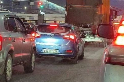 Heavy traffic jam near Ufa's Southern Bus Station as tram blocks road