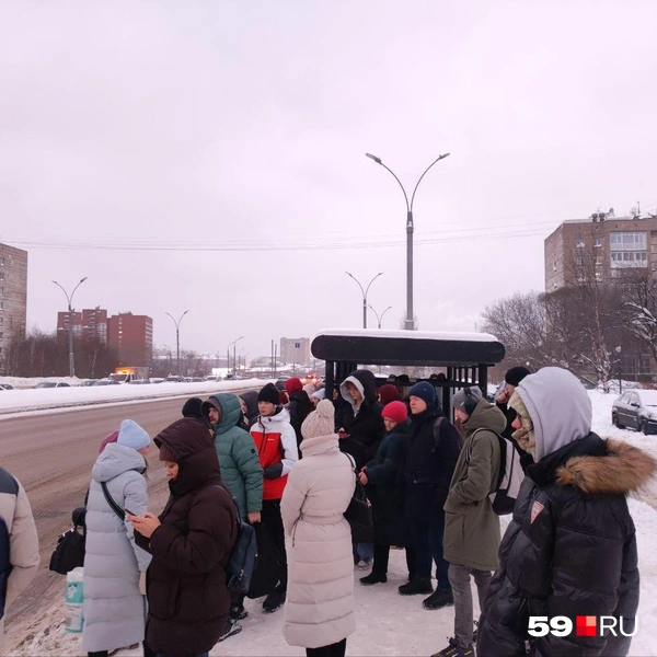 На остановке «Улица Самолётная», через которую проходят маршруты № 27 и 62, скопилось много пассажиров | Источник: Наталия Главатских / 59.RU