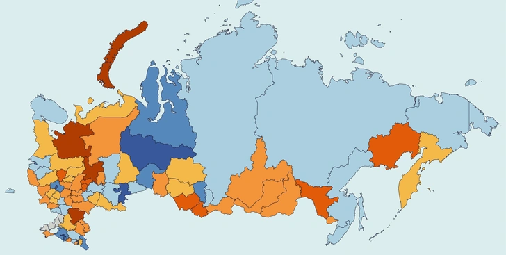 На карте регионы России с лучшими и худшими дорогами (без учета федеральных трасс). Темно-красным цветом показаны регионы, где меньше всего дорог в нормативном состоянии. Лидеры рейтинга обозначены насыщенным синим | Источник: карта создана в сервисе mapus.ai на основе данных РИА Рейтинг