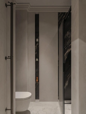 Душевое ограждение, Duka. Полотенцесушитель, Margaroli. Унитаз, Duravit. | Источник: Екатерина Титенко. Стиль: Ирина Генделева