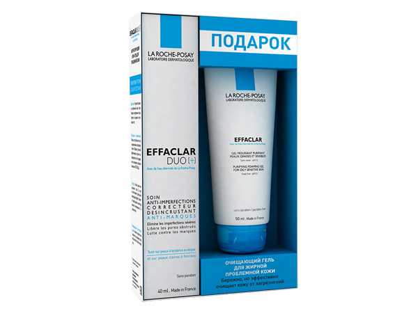 Набор Effaclar Duo(+) и Effaclar гель. В набор входят: корректирующий крем-гель для жирной кожи, склонной к акне, 40 мл; очищающий пенящийся гель, 50 мл.