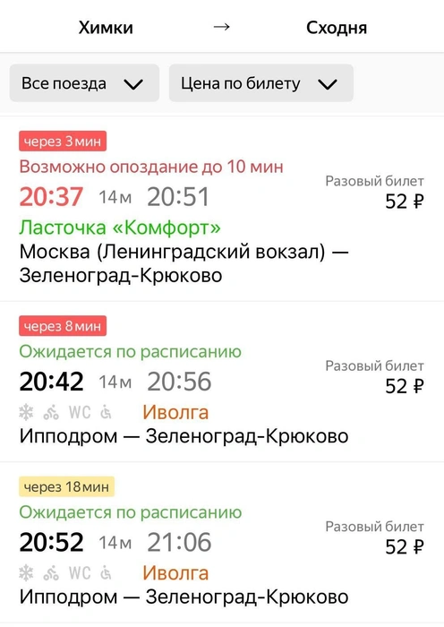 Сбой в движении поездов | Источник: Яндекс Электрички