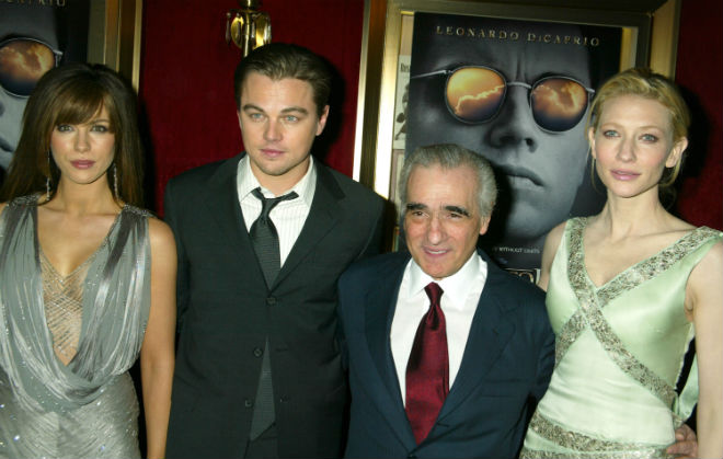 Кейт Бланшетт с Лео Ди Каприо и Мартином Скорсезе на премьере фильма «Авиатор», 2004 год