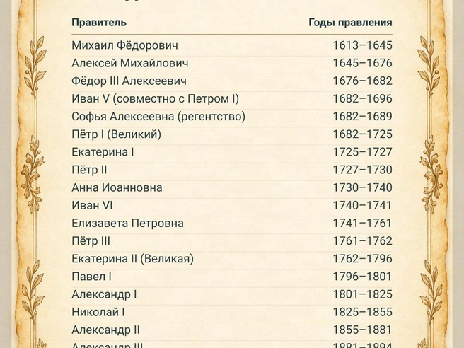 Годы правления всех представителей династии Романовых | Источник: Юрий Орлов / Городские медиа 