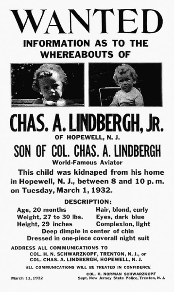 Объявление о поиске сына Линдберга с описанием ребенка
