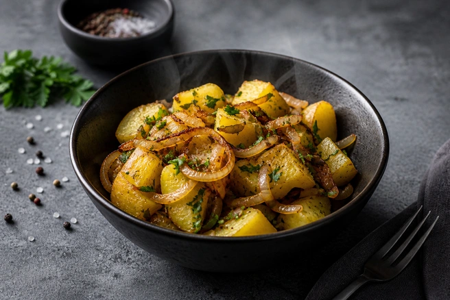 Картофель в теплом виде лучше раскрывает вкус заправки, а золотистый лук добавляет характер и текстуру | Источник: GPT