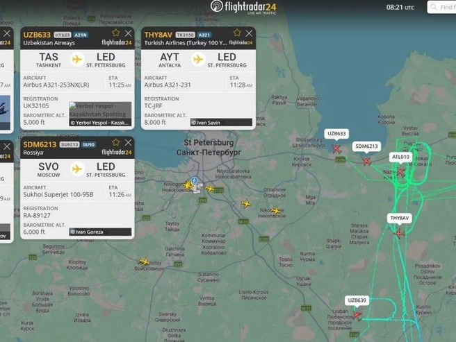 Самолёты кружат над Пулково | Источник: flightradar24
