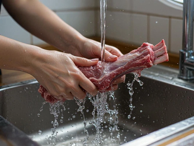 Перед варкой мясо необходимо промыть холодной водой. | Источник: Полина Авдошина / Городские медиа