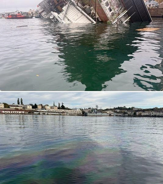 Акватория Севастополя после крушения плавкрана покрылась радужной пленкой нефтепродуктов | Источник: Росприроднадзор