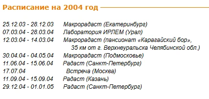 Расписание встреч «Радастеи» в 2004 году | Источник: radasteya.org