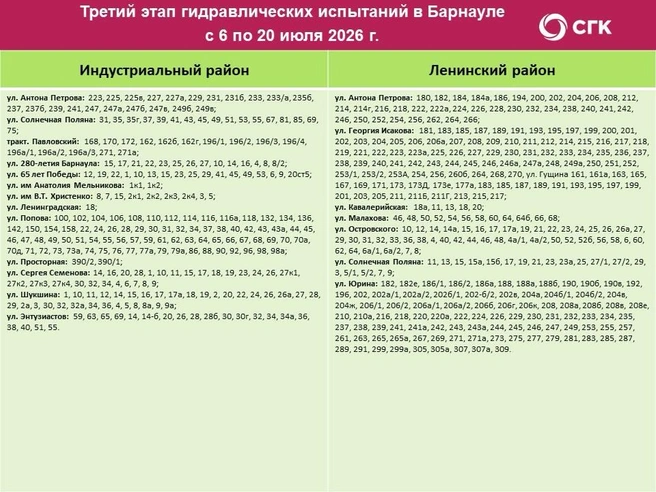 Горячей воды не будет до 20 июля | Источник: Telegram-канал СГК Барнаул