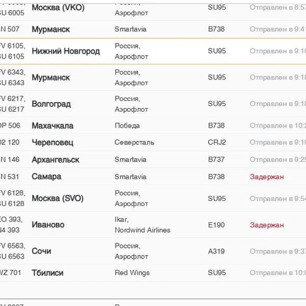После ночного снегопада утро в Пулково началось с задержки рейсов | Источник: Скриншот онлайн-табло Пулково 
