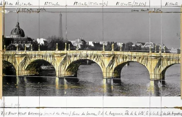Эскиз The Pont Neuf Wrapped (1984), и реализованный проект (1985). | Источник: christojeanneclaude.net
