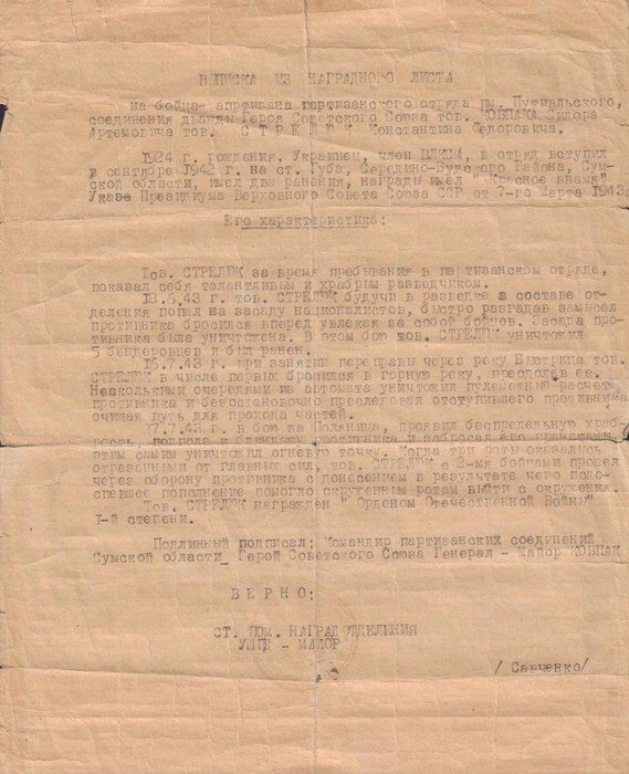 Копия выписки из наградного листа на бойца-партизана Константина Стрелюка | Источник: Воронежский исторический форум / vif-vrn.ru