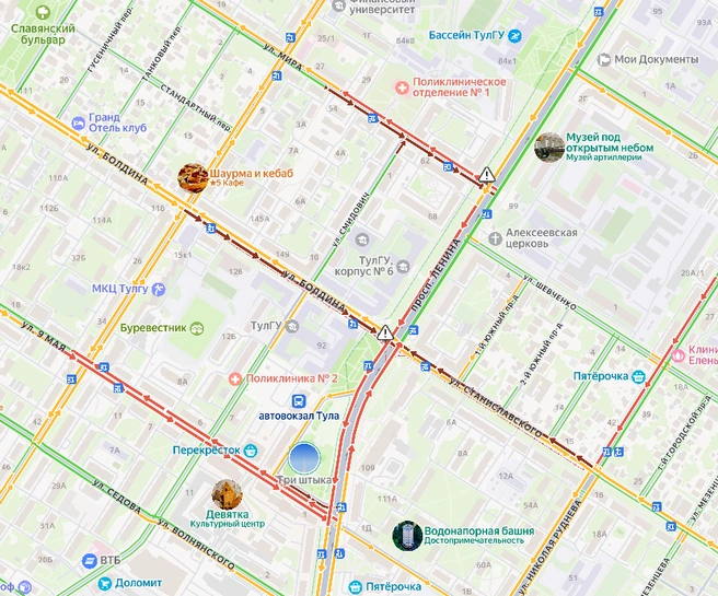 Пробки из-за неработающих светофоров | Источник: yandex.ru/maps
